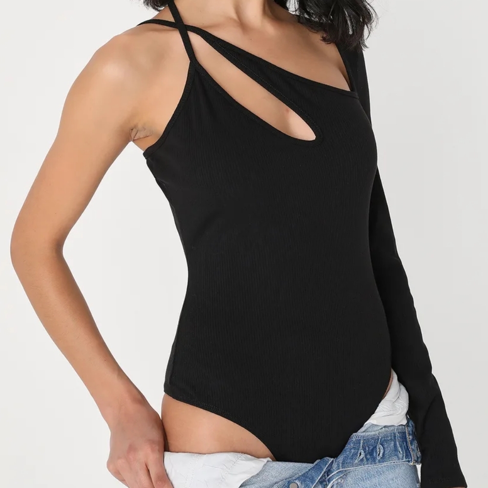 NWT Lulus Flirty Affair Black Ribbed Knit Cutout Asymmetrical Black Bodysuit